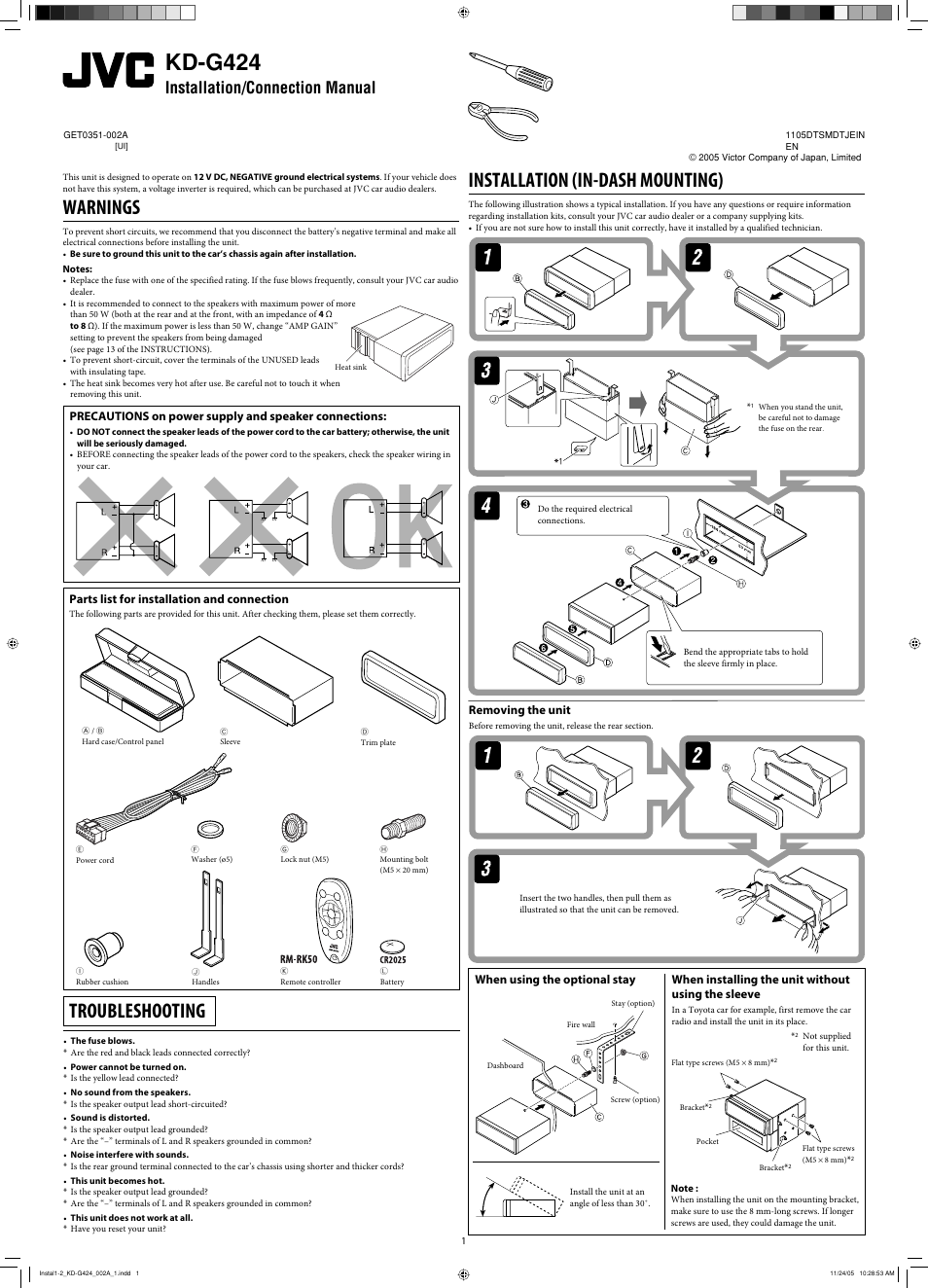 Installation/connection manual, Warnings, Installation | Troubleshooting, Kd-g424, Installation (in-dash mounting), When installing the unit without using the sleeve, Removing the unit, Parts list for installation and connection, When using the optional stay | JVC KD-G320 User Manual | Page 119 / 230