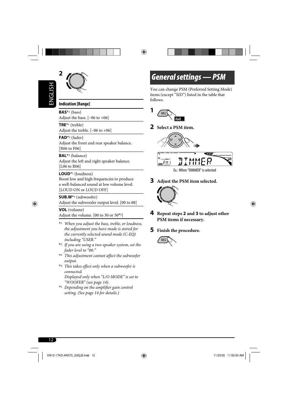 General settings — psm, English | JVC KD-G320 User Manual | Page 12 / 230