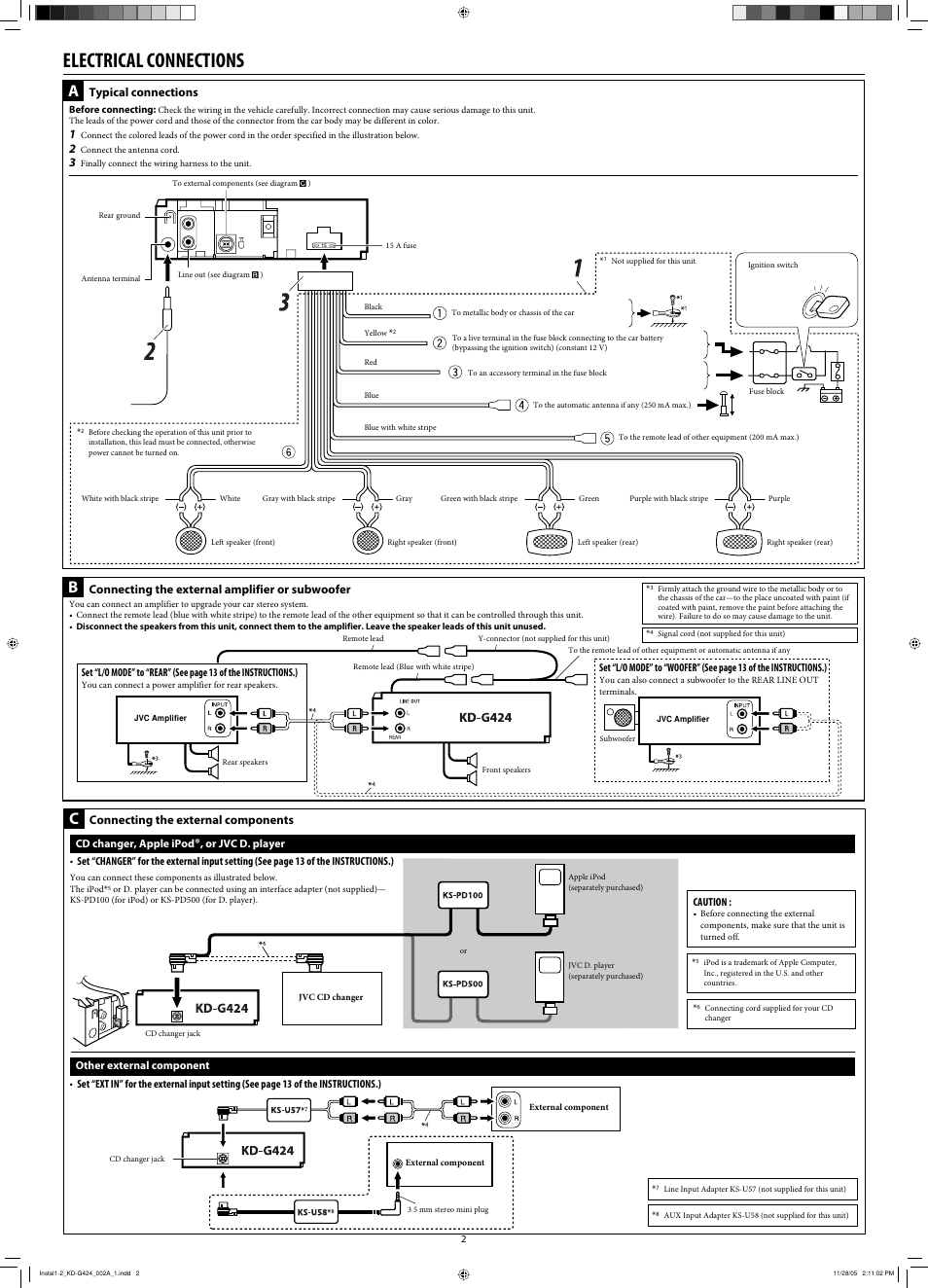 Electrical connections, Typical connections, Connecting the external amplifier or subwoofer | Connecting the external components | JVC KD-G320 User Manual | Page 120 / 230
