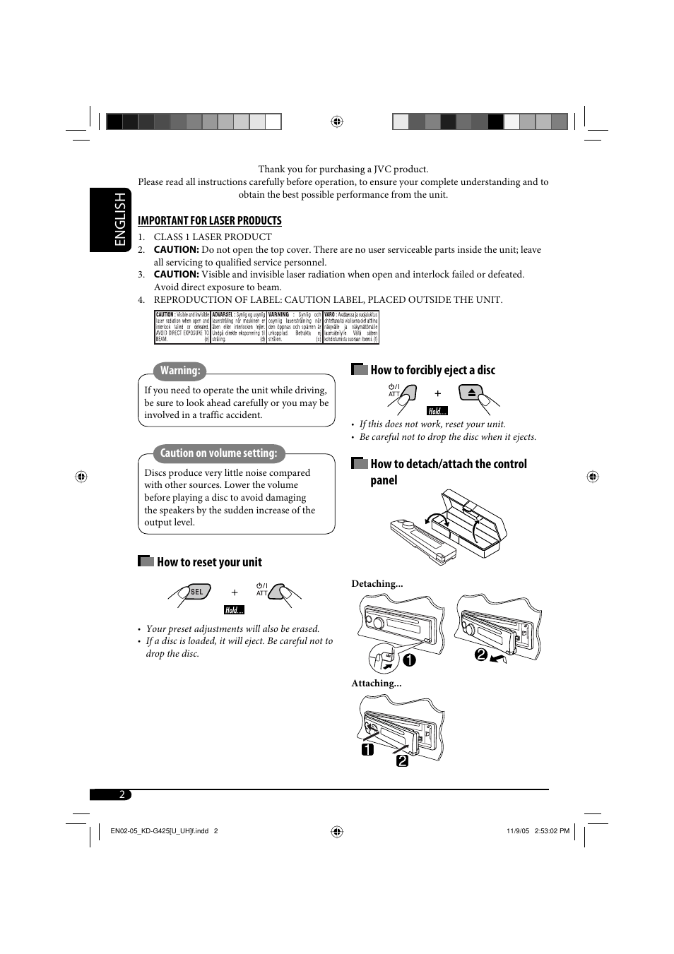 Important for laser products, English, How to forcibly eject a disc | How to detach/attach the control panel, How to reset your unit | JVC KD-G320 User Manual | Page 122 / 230