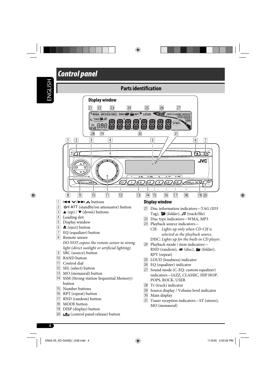 Control panel, English, Parts identification | JVC KD-G320 User Manual | Page 124 / 230