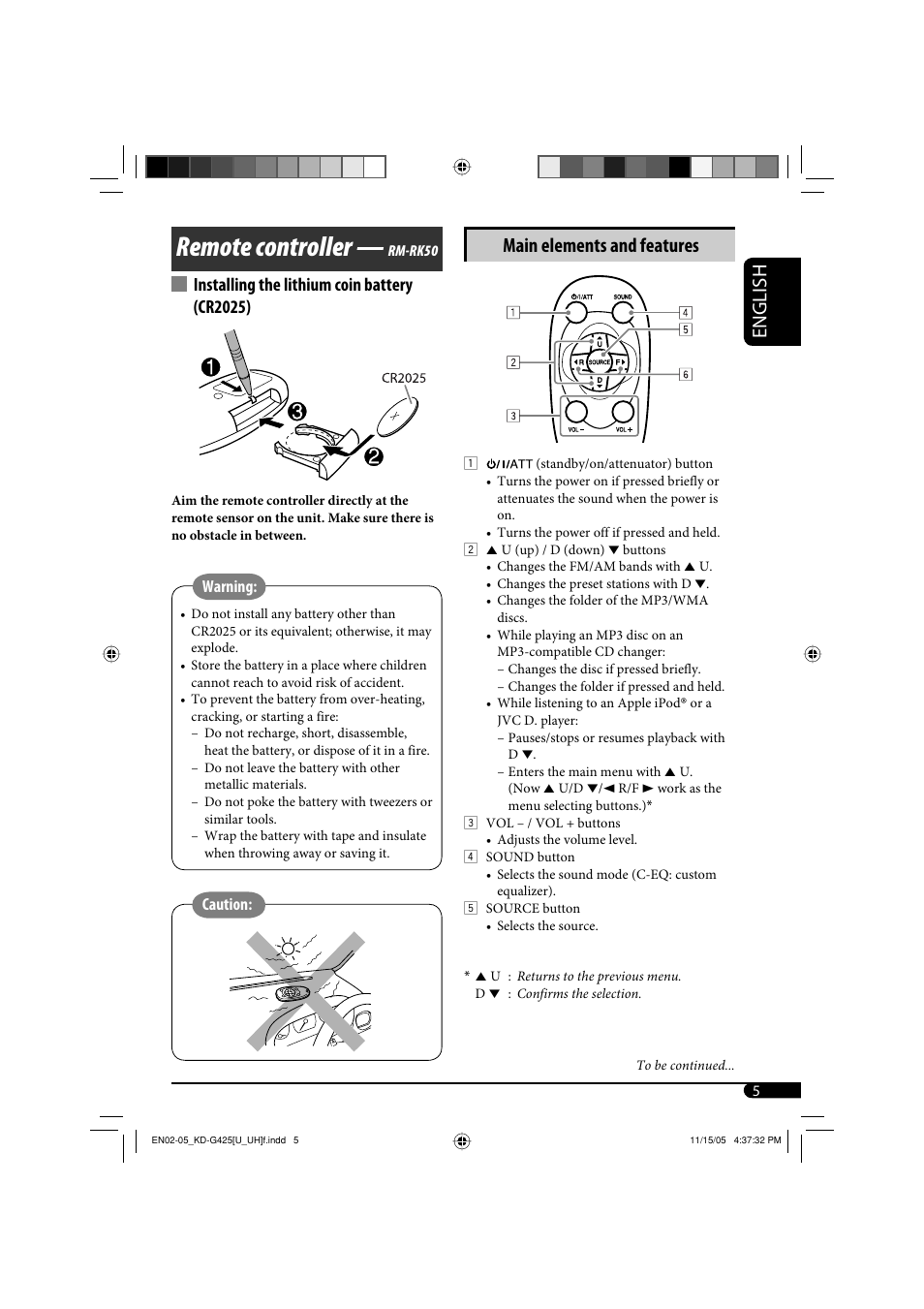 Remote controller, English, Main elements and features | Installing the lithium coin battery (cr2025) | JVC KD-G320 User Manual | Page 125 / 230