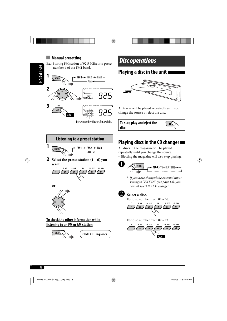 Disc operations, Playing a disc in the unit, Playing discs in the cd changer | JVC KD-G320 User Manual | Page 128 / 230