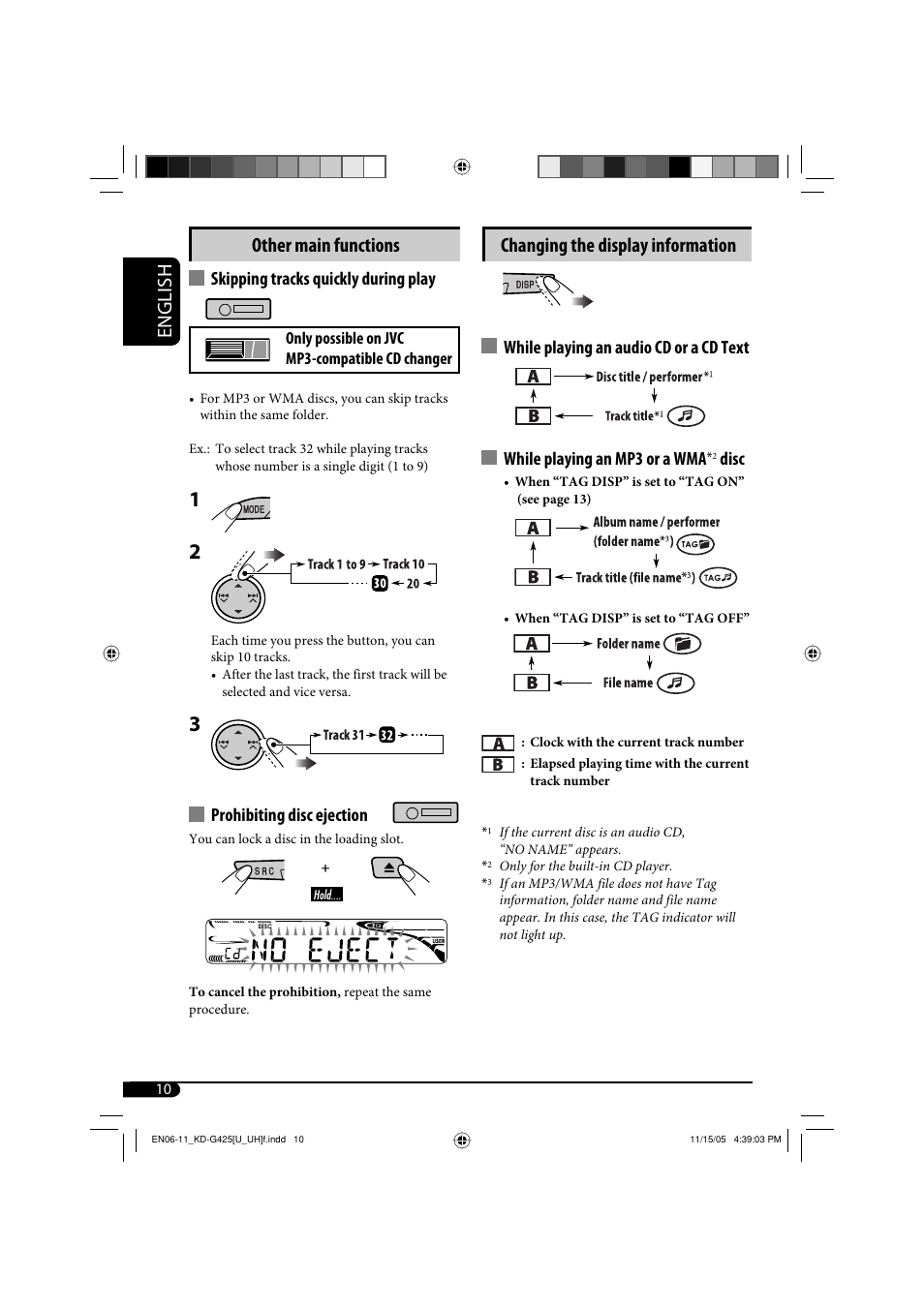 English other main functions, Changing the display information, Skipping tracks quickly during play | Prohibiting disc ejection, Disc | JVC KD-G320 User Manual | Page 130 / 230