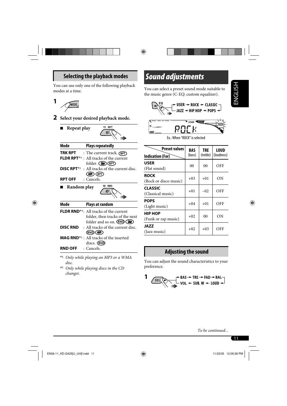 Sound adjustments, English selecting the playback modes, Adjusting the sound | JVC KD-G320 User Manual | Page 131 / 230