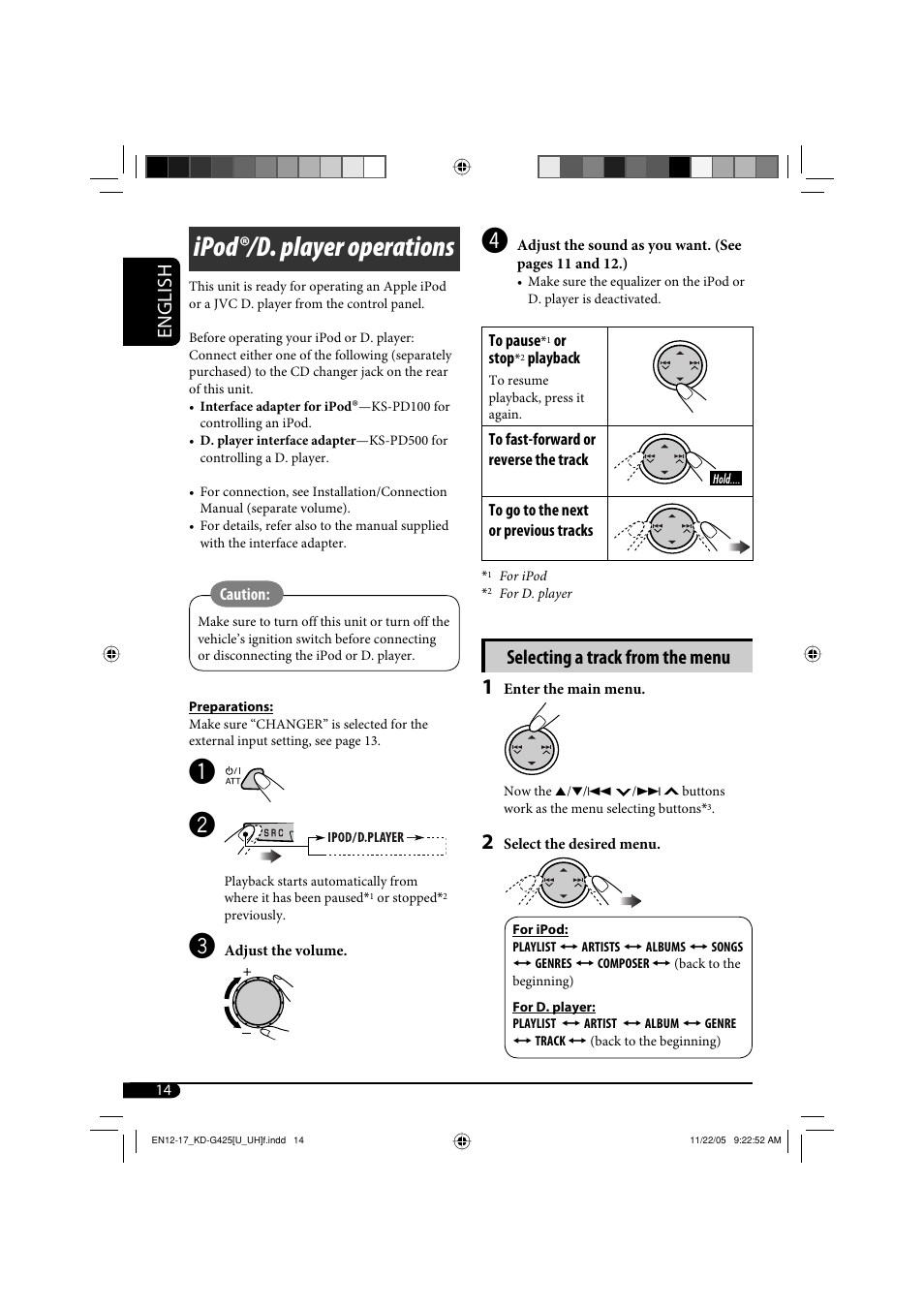 Ipodr/d. player operations, Ipod®/d. player operations, English | Selecting a track from the menu | JVC KD-G320 User Manual | Page 134 / 230