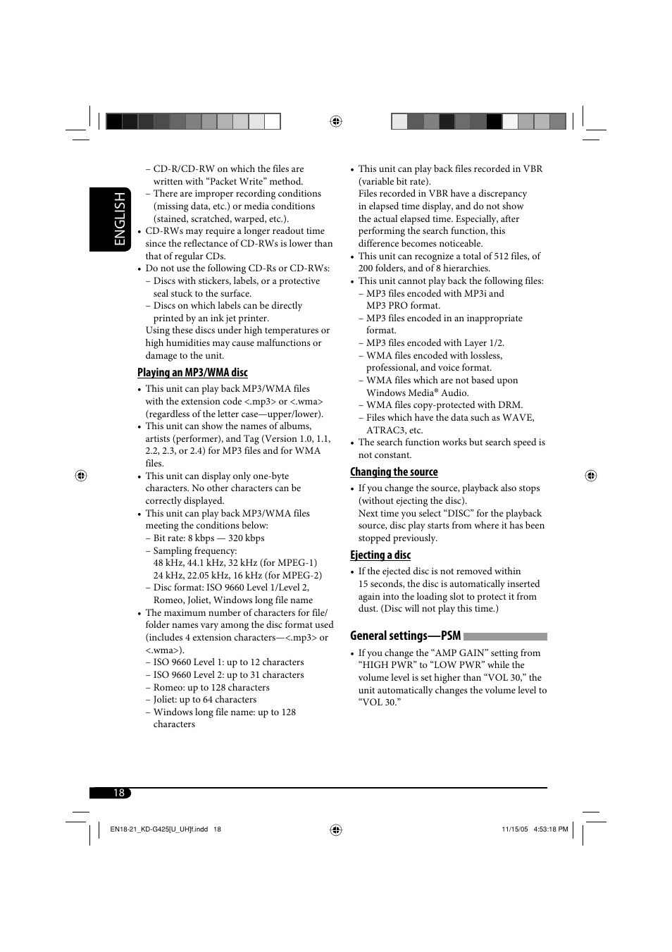 English, General settings—psm | JVC KD-G320 User Manual | Page 138 / 230