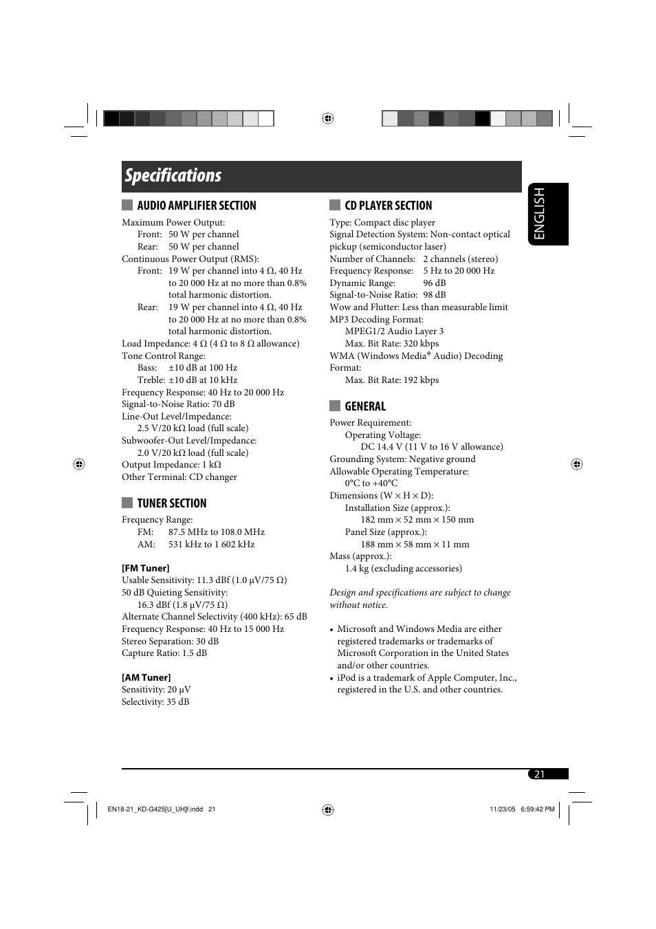 Specifications, English, General | JVC KD-G320 User Manual | Page 167 / 230