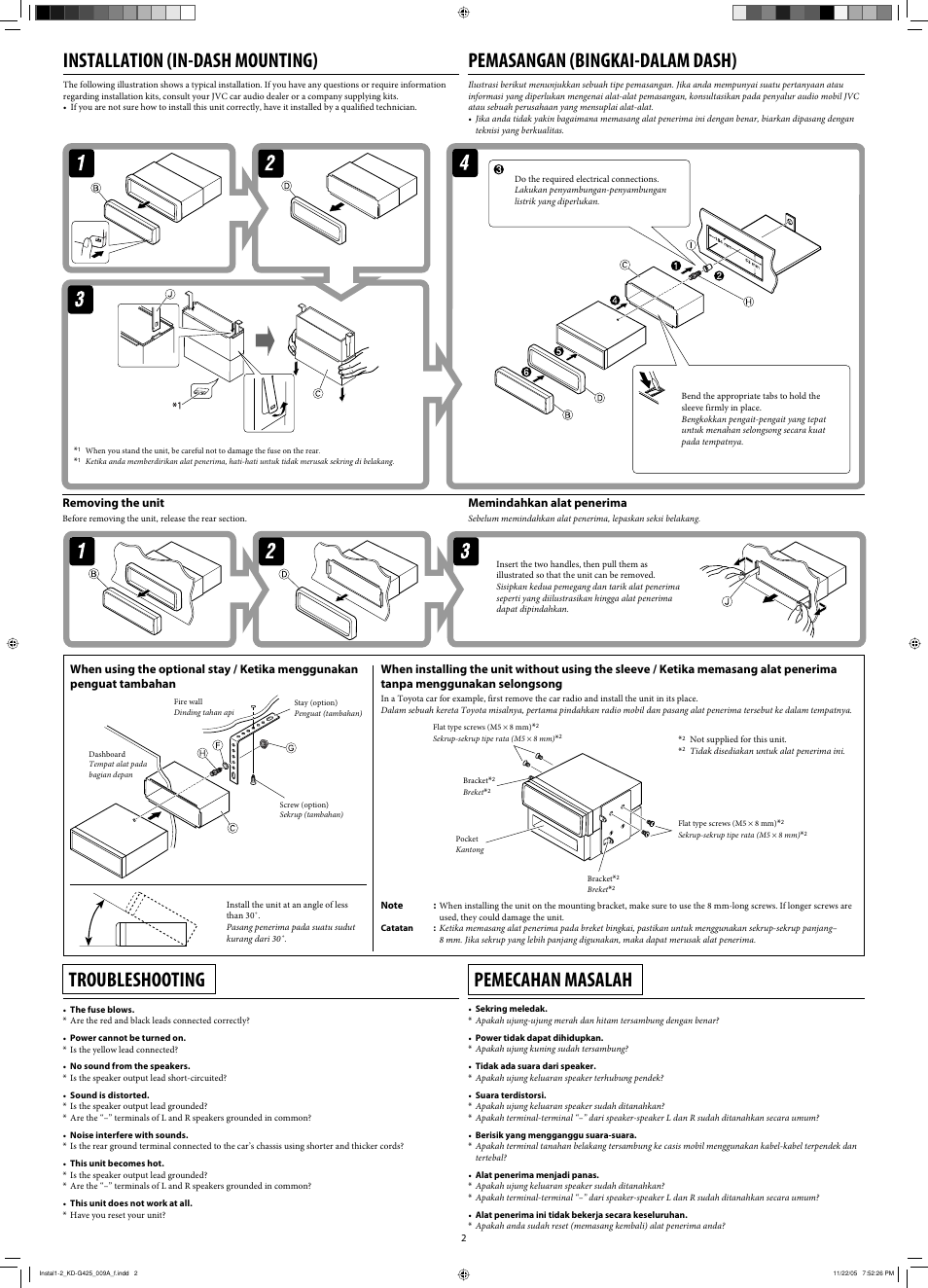 Installation, Troubleshooting, Installation (in-dash mounting) | Pemasangan (bingkai-dalam dash), Pemecahan masalah, Removing the unit, Memindahkan alat penerima | JVC KD-G320 User Manual | Page 170 / 230