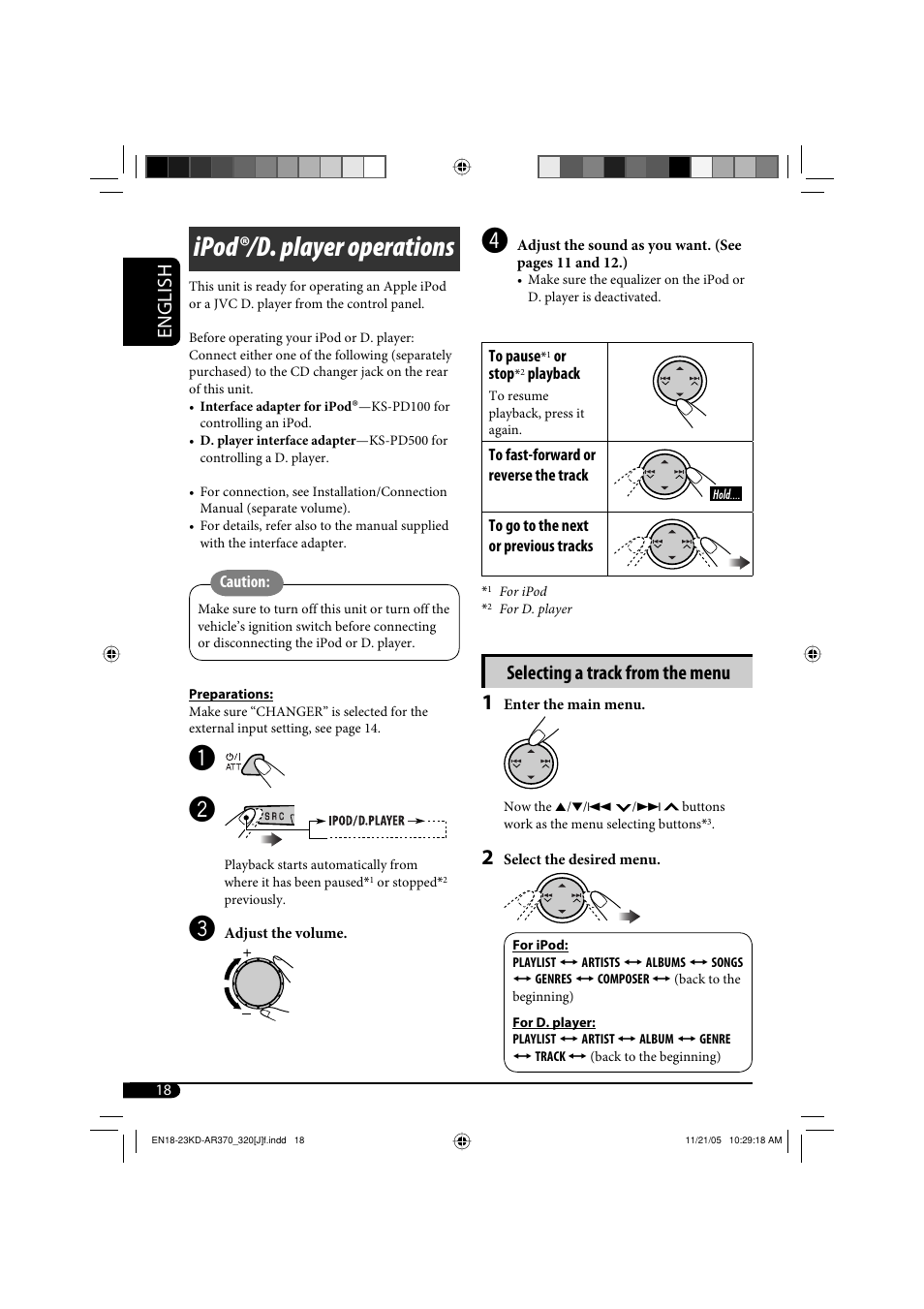 Ipodr/d. player operations, Ipod®/d. player operations, English | Selecting a track from the menu | JVC KD-G320 User Manual | Page 18 / 230