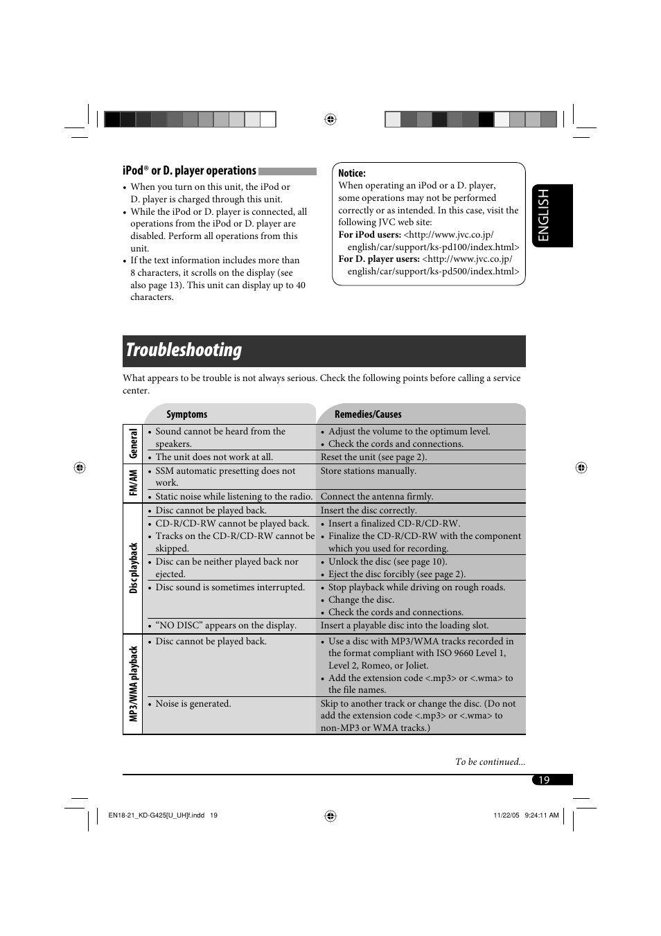 Troubleshooting, English, Ipod | Or d. player operations | JVC KD-G320 User Manual | Page 191 / 230
