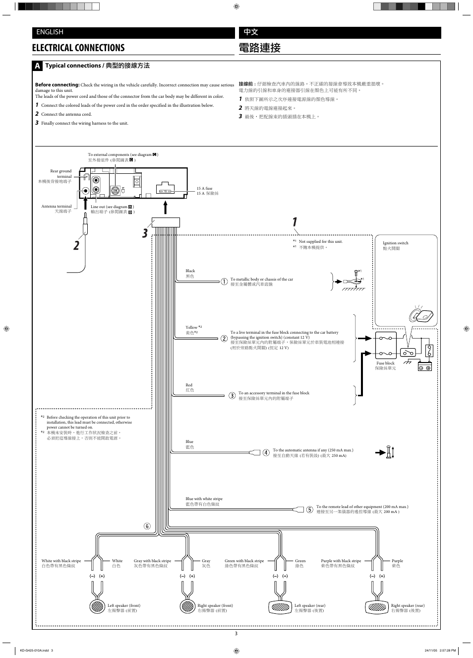 Electrical connections, Electrical connections ྑཕ, English ˁ | Typical connections / նܔڅોሉ | JVC KD-G320 User Manual | Page 197 / 230
