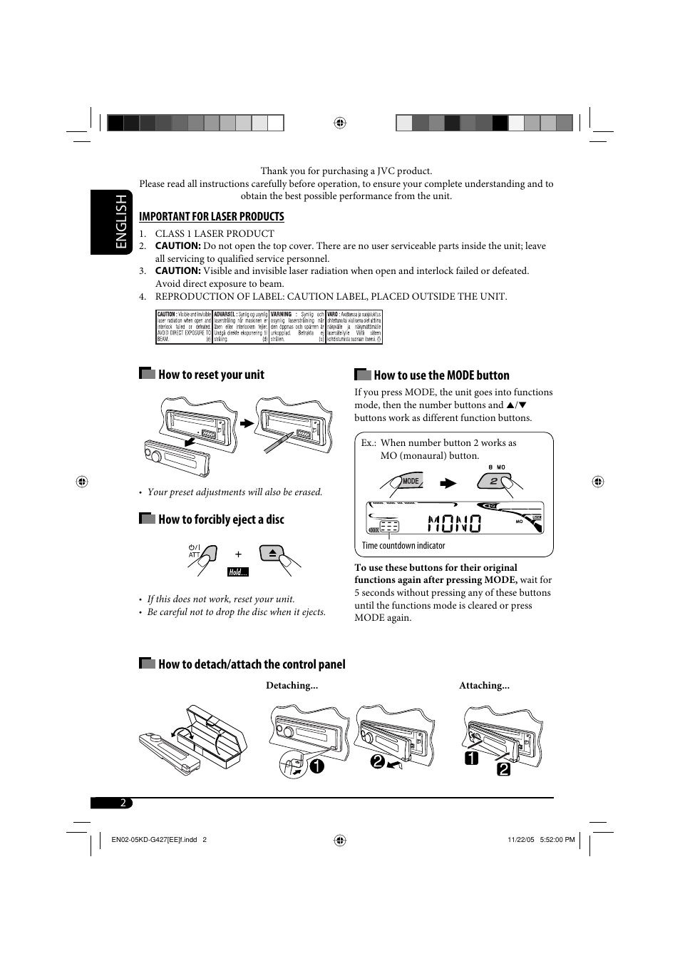 Important for laser products, English, How to use the mode button | How to reset your unit, How to forcibly eject a disc, How to detach/attach the control panel | JVC KD-G320 User Manual | Page 200 / 230
