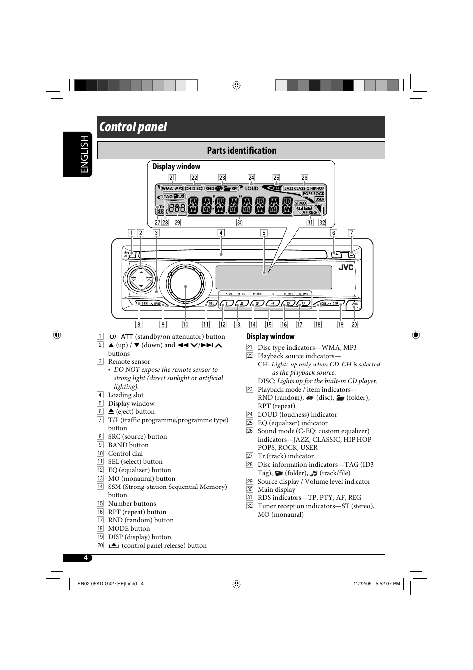 Control panel, English, Parts identification | JVC KD-G320 User Manual | Page 202 / 230