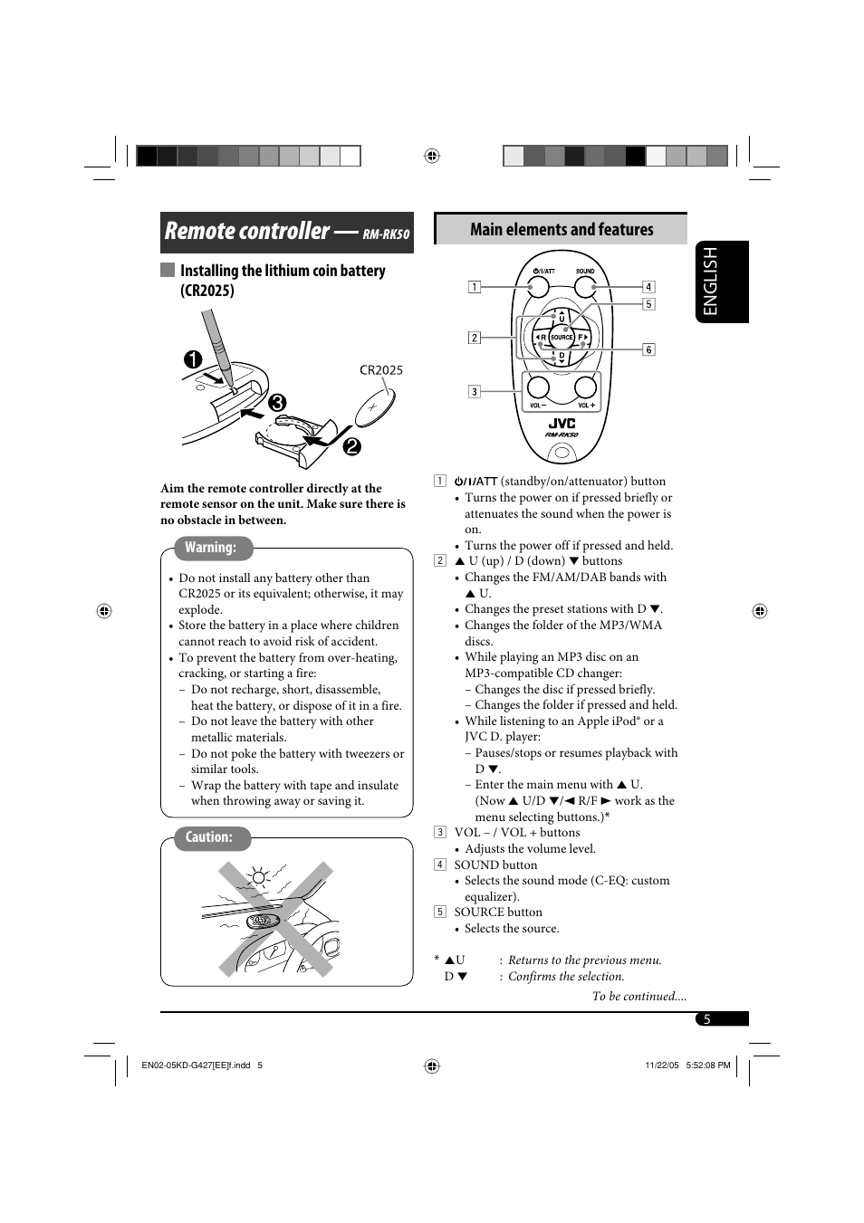Remote controller, English, Main elements and features | Installing the lithium coin battery (cr2025) | JVC KD-G320 User Manual | Page 203 / 230