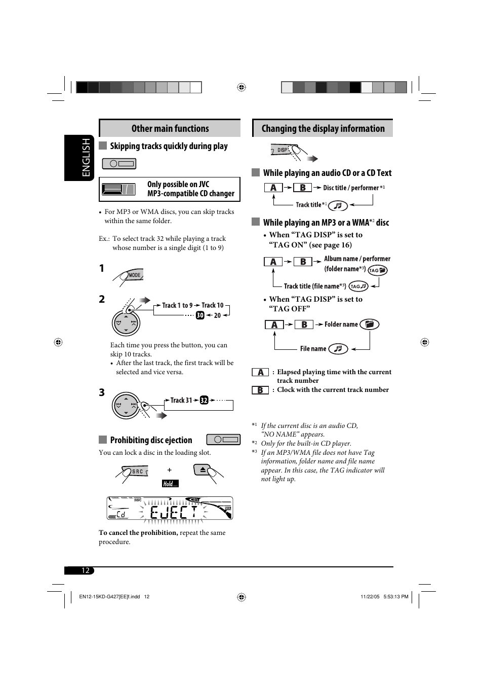 English other main functions, Changing the display information, Skipping tracks quickly during play | Prohibiting disc ejection, Disc | JVC KD-G320 User Manual | Page 210 / 230