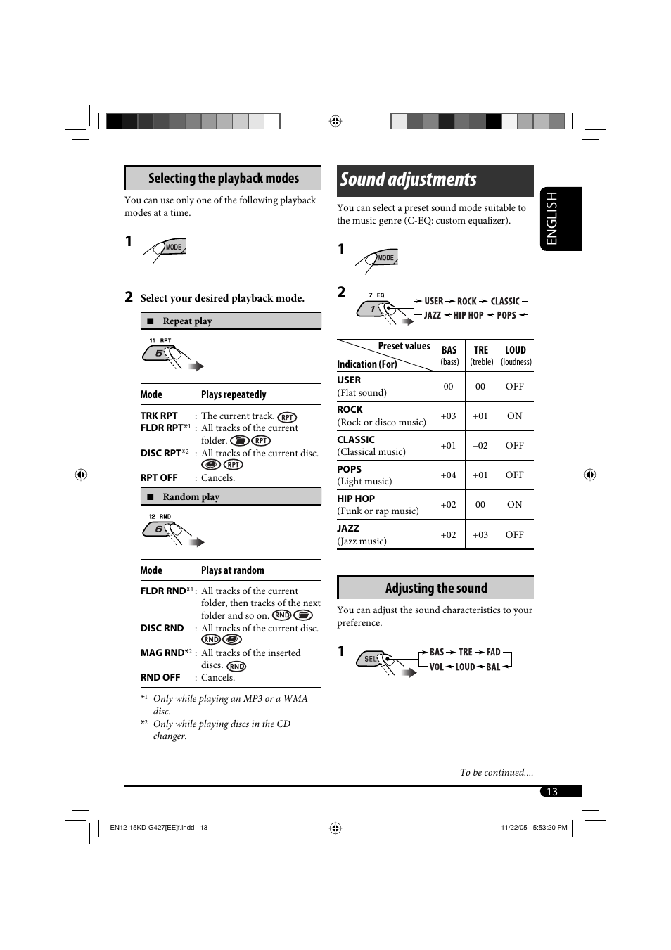 Sound adjustments, English, Selecting the playback modes | Adjusting the sound | JVC KD-G320 User Manual | Page 211 / 230