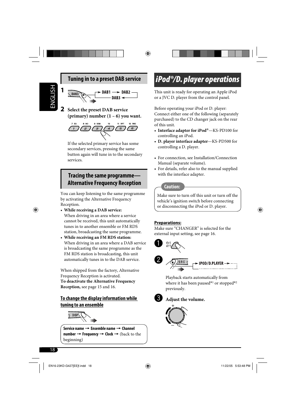 Ipodr/d. player operations, Ipod®/d. player operations, English tuning in to a preset dab service | JVC KD-G320 User Manual | Page 216 / 230