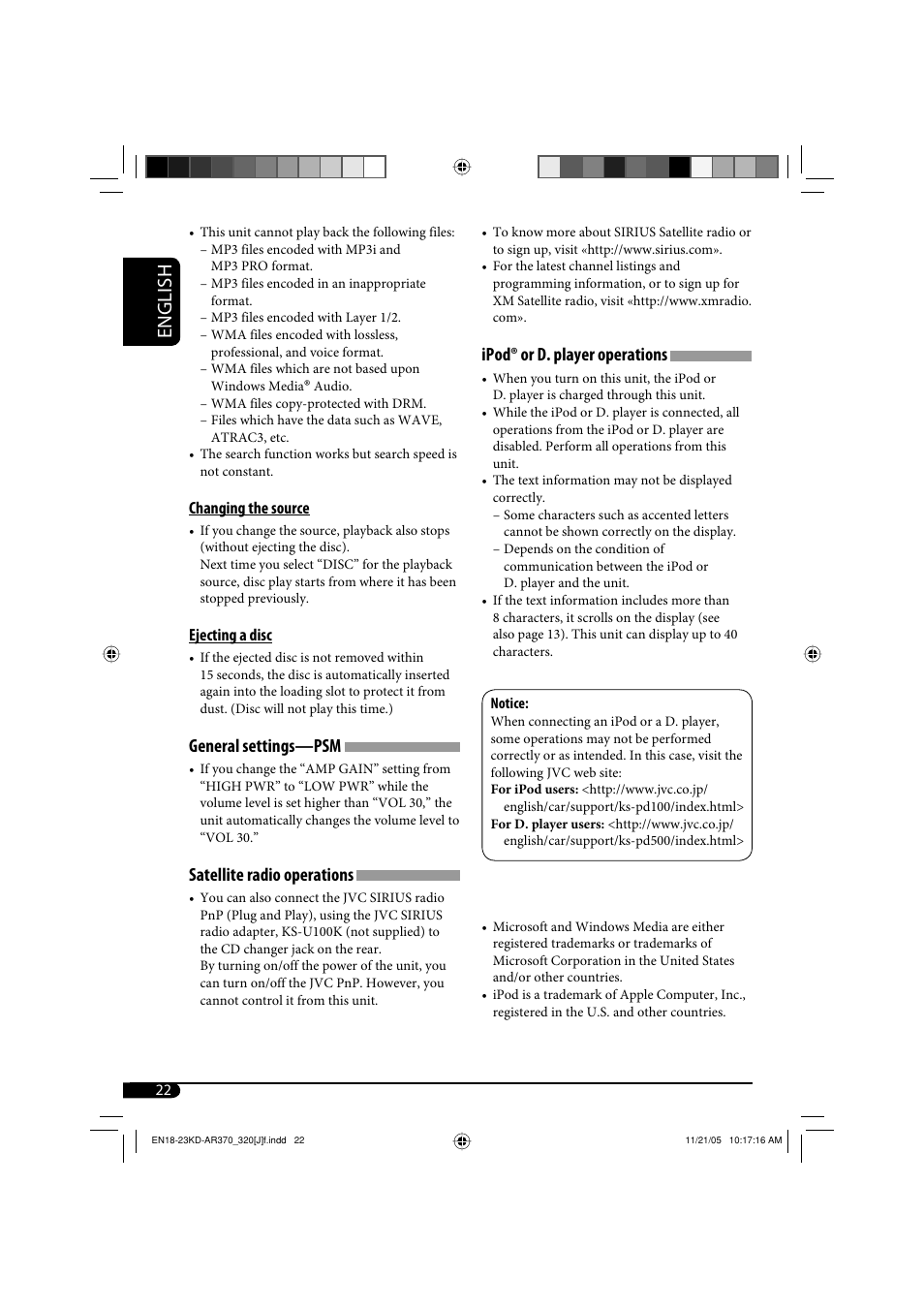 English, General settings—psm, Satellite radio operations | Ipod® or d. player operations | JVC KD-G320 User Manual | Page 22 / 230