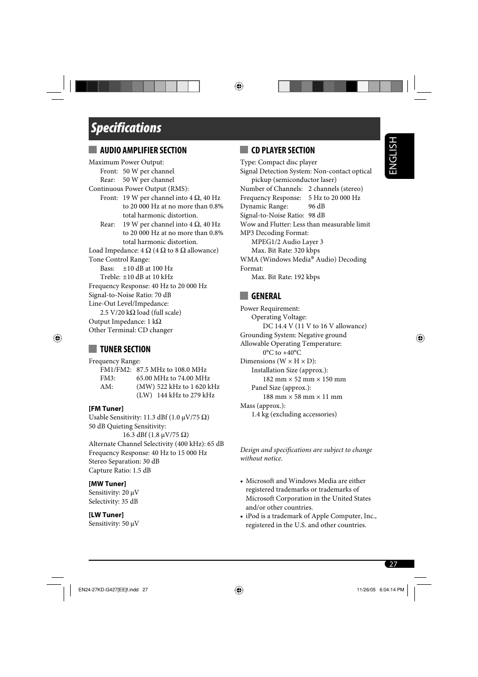 Specifications, English, General | JVC KD-G320 User Manual | Page 225 / 230