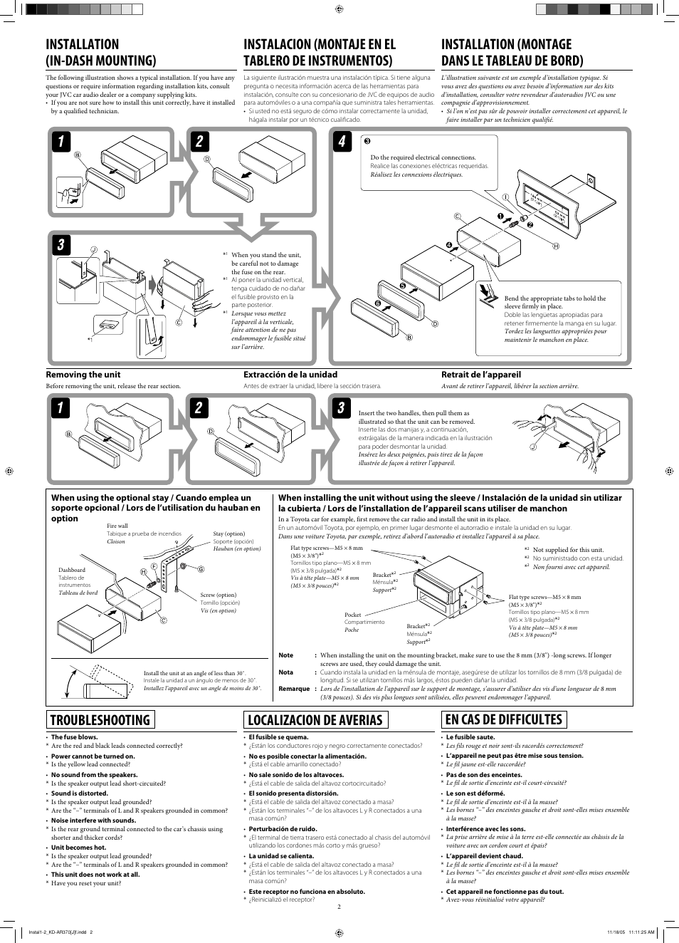 Installation, Troubleshooting, Localizacion de averias | En cas de difficultes, Installation (in-dash mounting), Installation (montage dans le tableau de bord), Removing the unit, Extracción de la unidad, Retrait de l’appareil | JVC KD-G320 User Manual | Page 30 / 230