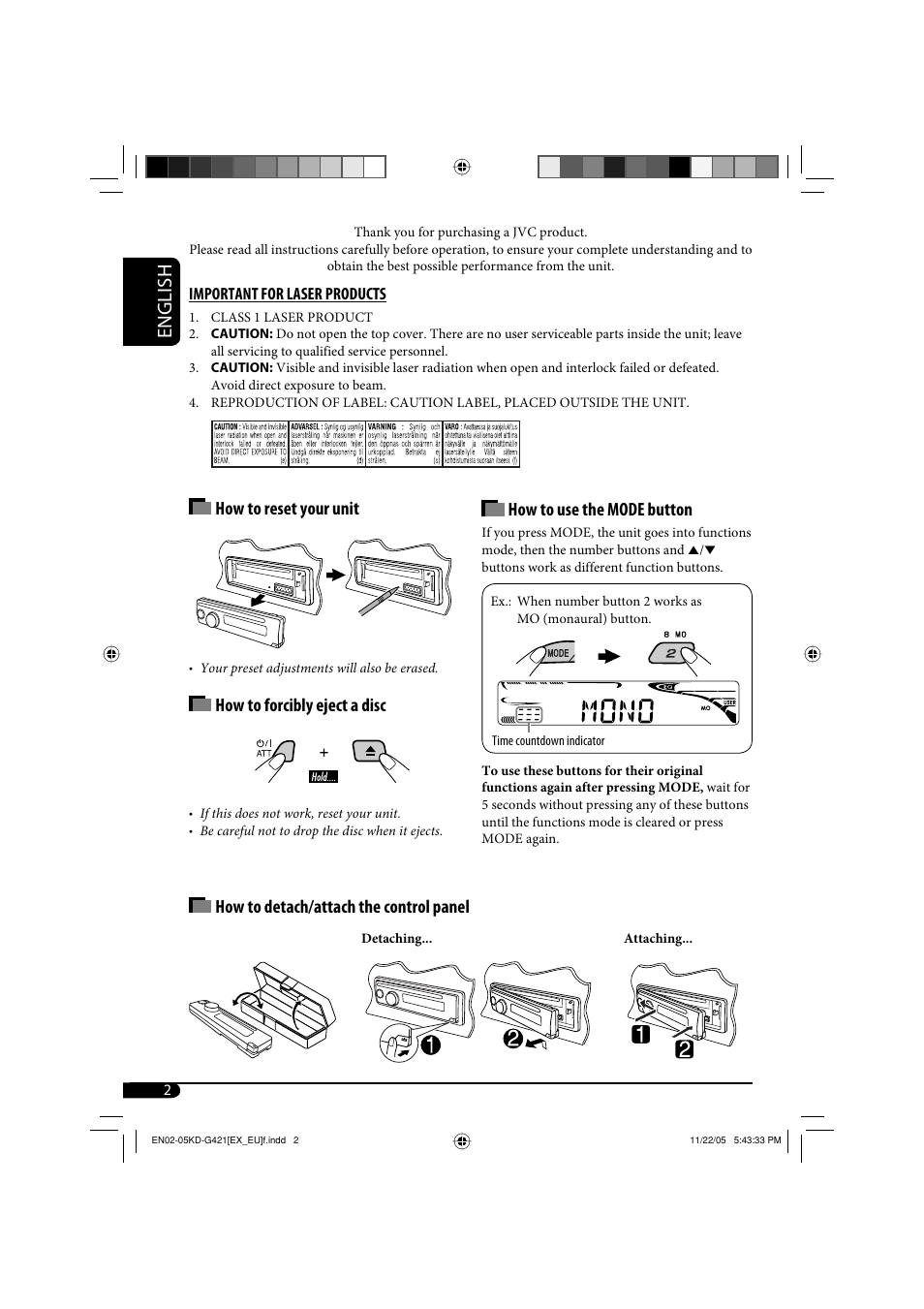 Important for laser products, English, How to use the mode button | How to reset your unit, How to forcibly eject a disc, How to detach/attach the control panel | JVC KD-G320 User Manual | Page 34 / 230