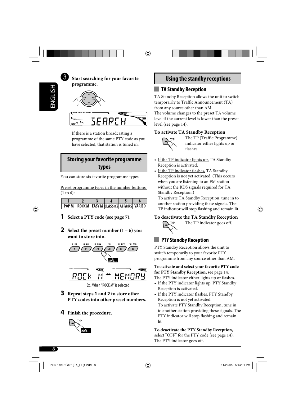 English using the standby receptions, Storing your favorite programme types | JVC KD-G320 User Manual | Page 40 / 230