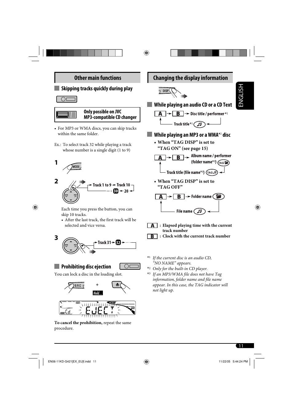 English other main functions, Changing the display information, Skipping tracks quickly during play | Prohibiting disc ejection, Disc | JVC KD-G320 User Manual | Page 43 / 230