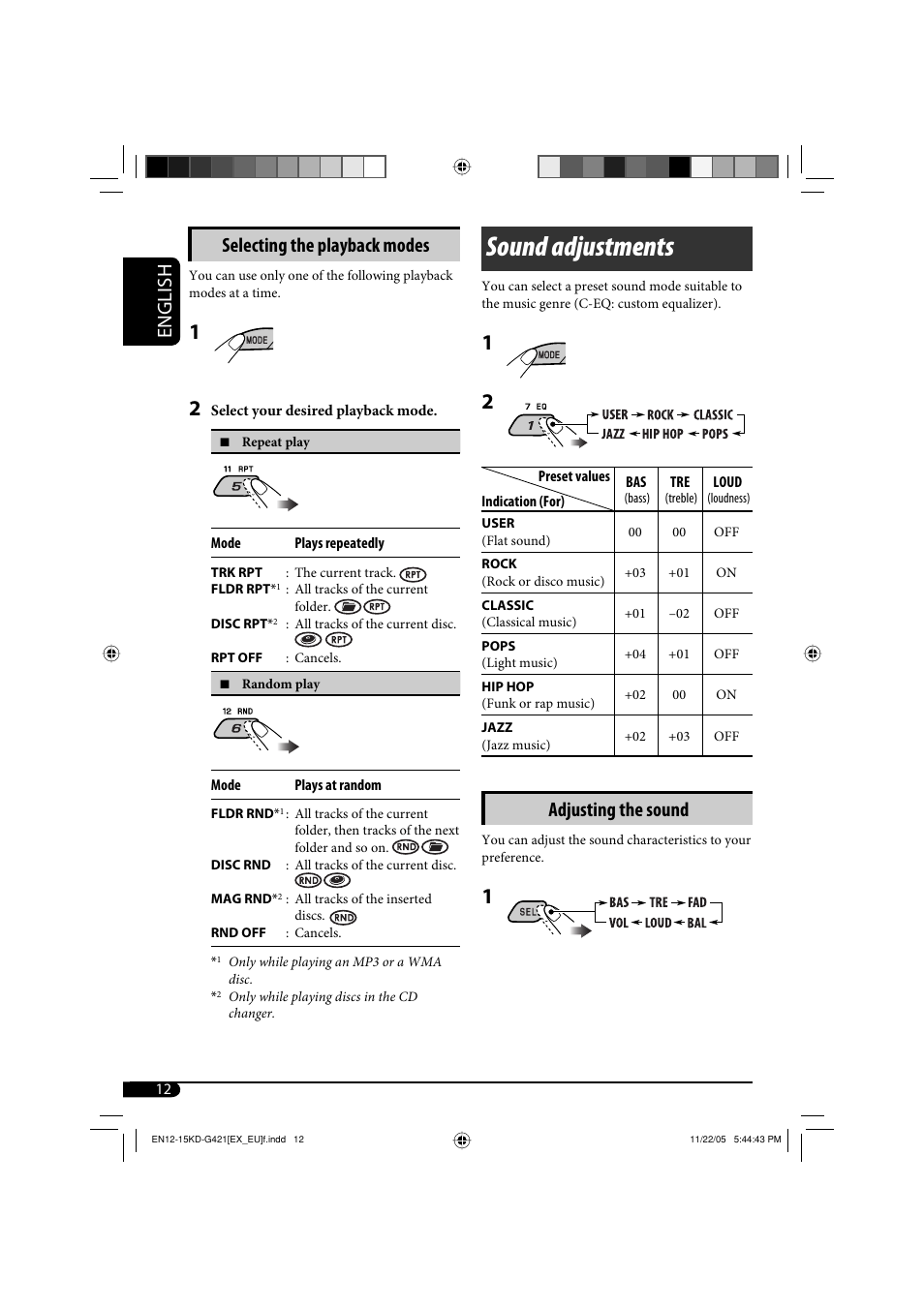 Sound adjustments, English selecting the playback modes, Adjusting the sound | JVC KD-G320 User Manual | Page 44 / 230