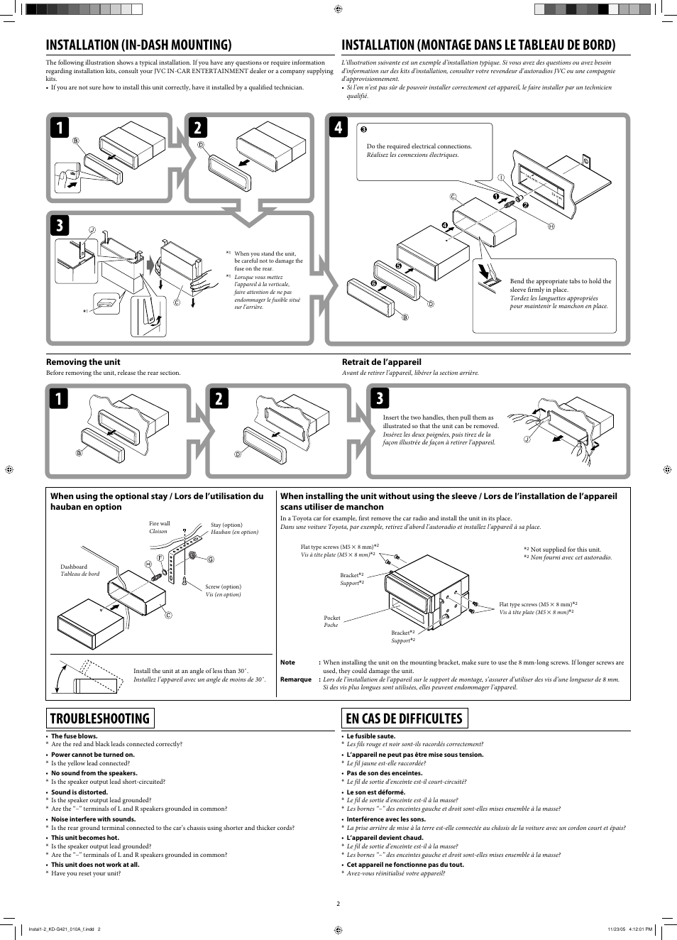 Installation, Troubleshooting, Installation (in-dash mounting) | Installation (montage dans le tableau de bord), En cas de difficultes, Removing the unit, Retrait de l’appareil | JVC KD-G320 User Manual | Page 62 / 230