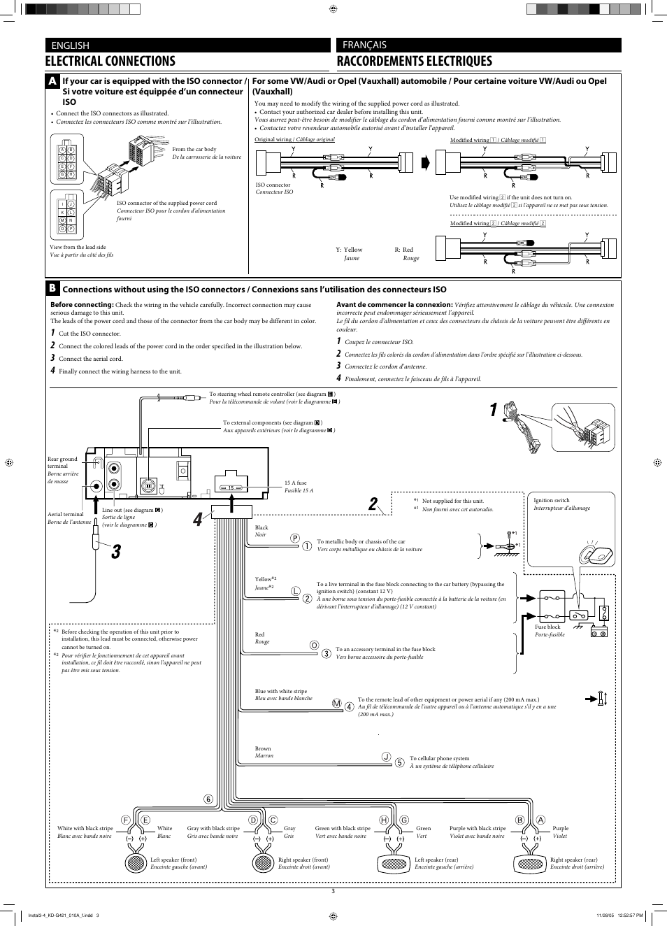 Electrical connections, Electrical connections raccordements electriques, English b | Afrançais | JVC KD-G320 User Manual | Page 63 / 230