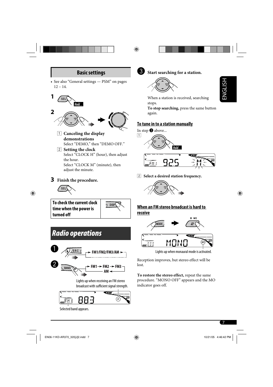 Radio operations, English basic settings | JVC KD-G320 User Manual | Page 7 / 230