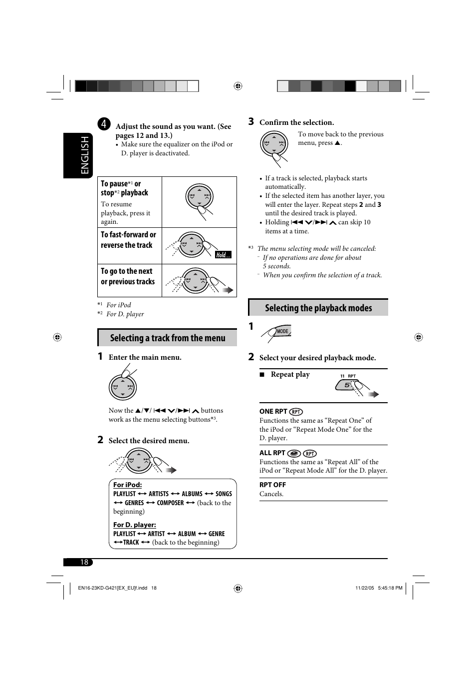 English, Selecting a track from the menu, Selecting the playback modes | JVC KD-G320 User Manual | Page 82 / 230