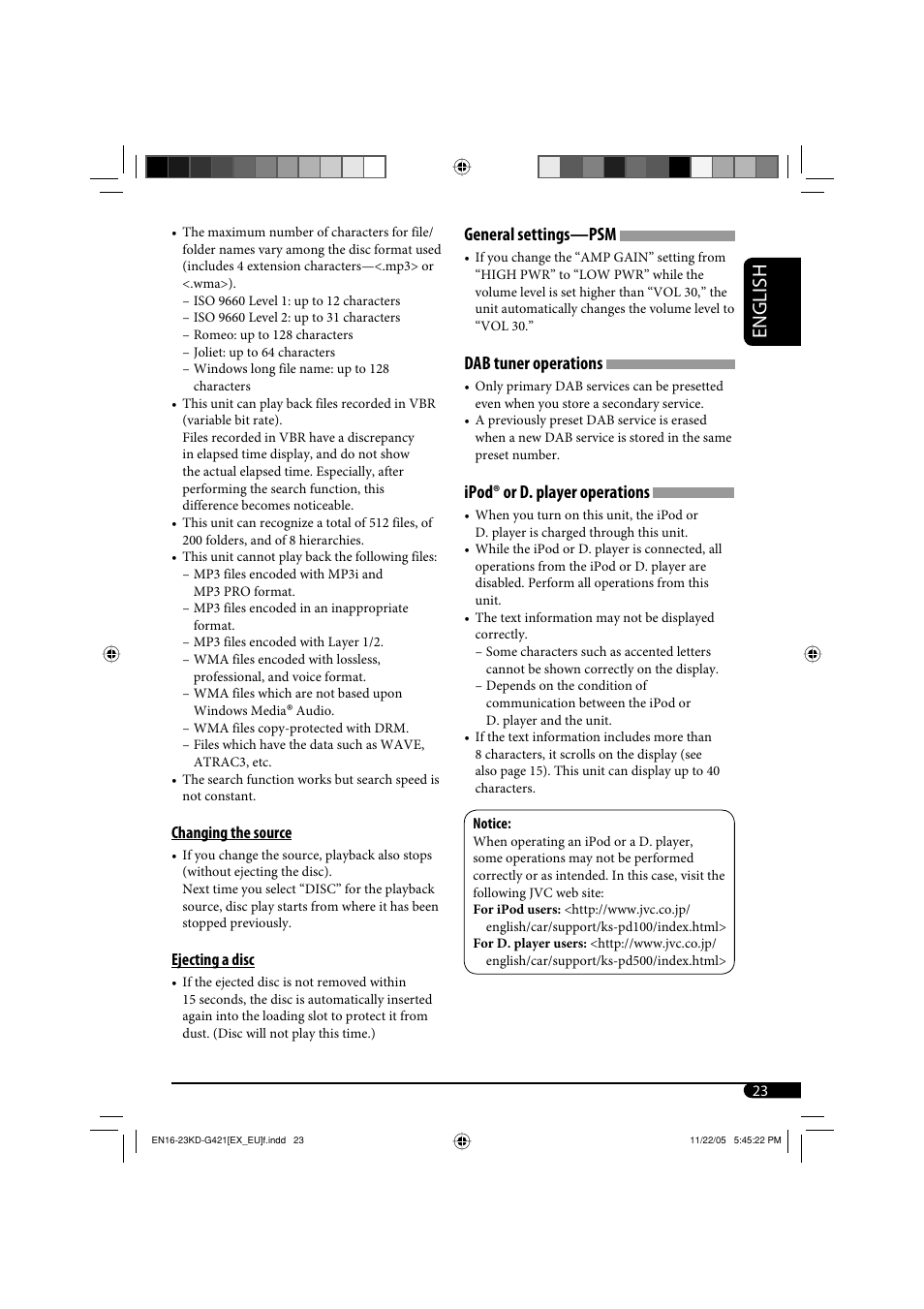 English, General settings—psm, Dab tuner operations | Ipod® or d. player operations | JVC KD-G320 User Manual | Page 87 / 230