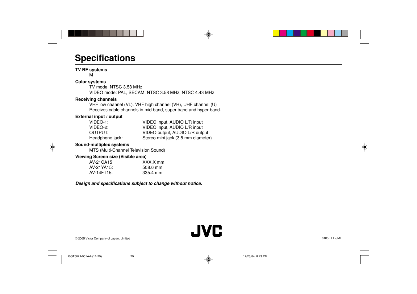 Specifications | JVC AV-14FT15 User Manual | Page 20 / 20