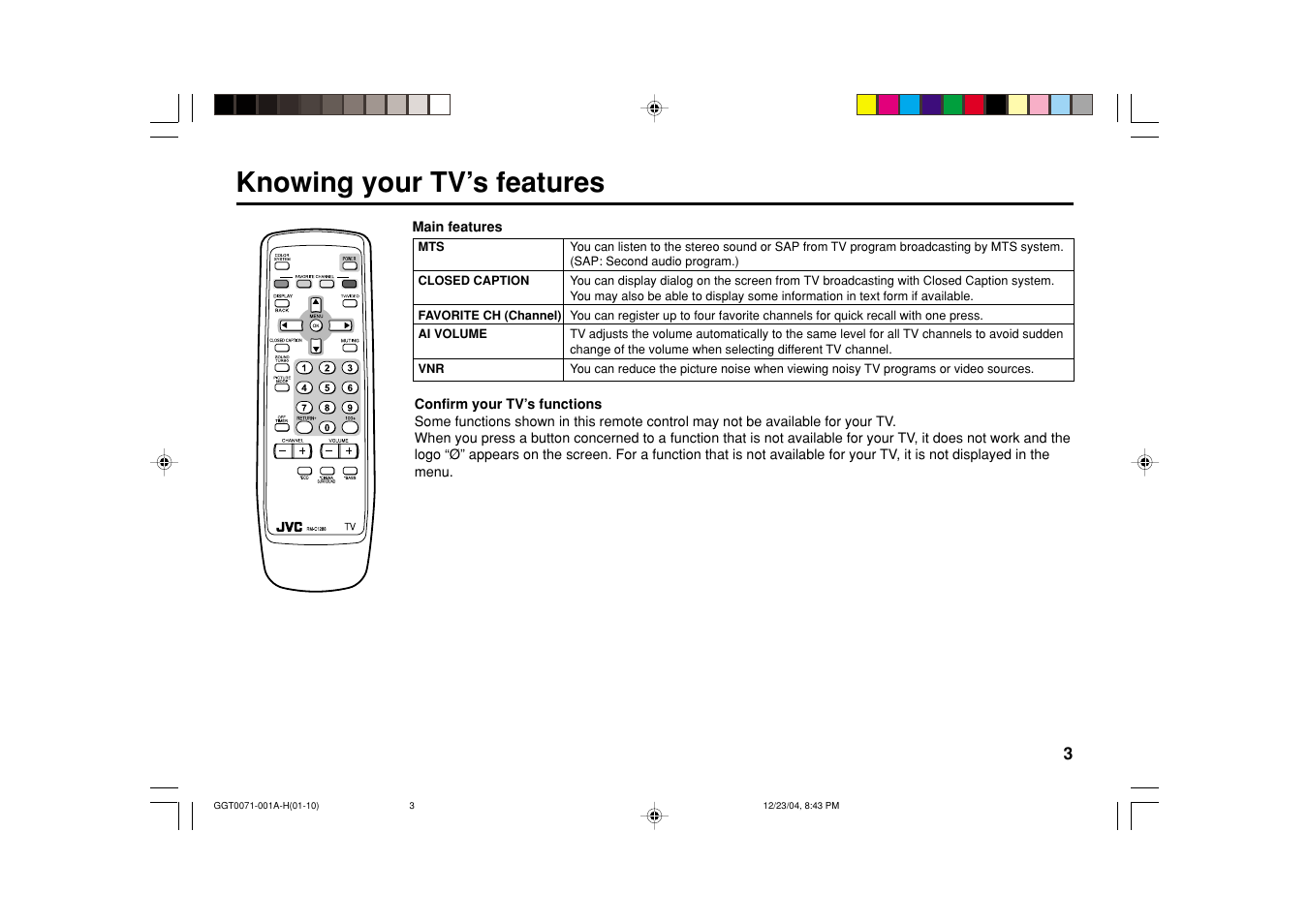 Knowing your tv’s features | JVC AV-14FT15 User Manual | Page 3 / 20