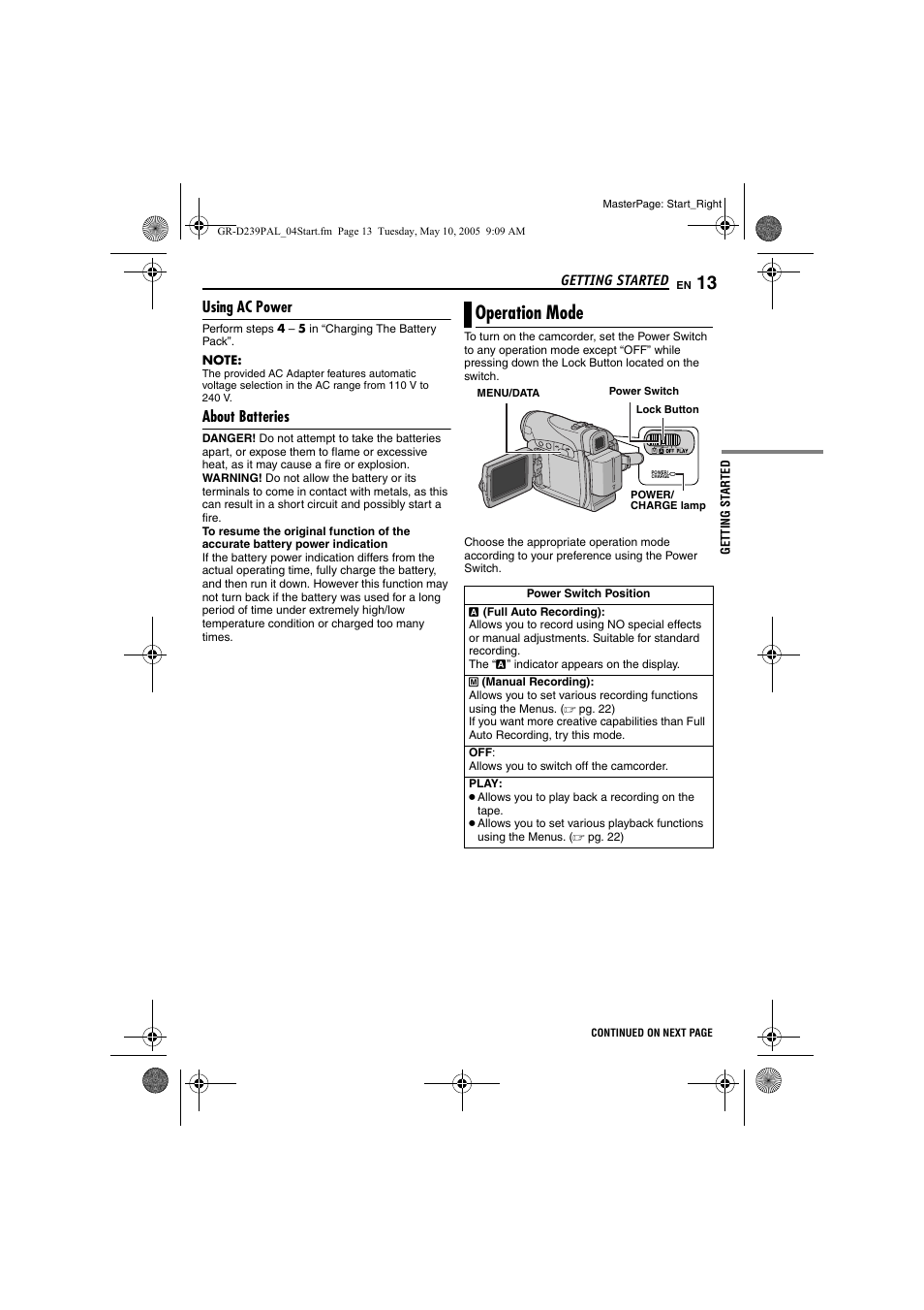 Using ac power, About batteries, Operation mode | Pg. 13) | JVC GR-D239 User Manual | Page 13 / 48