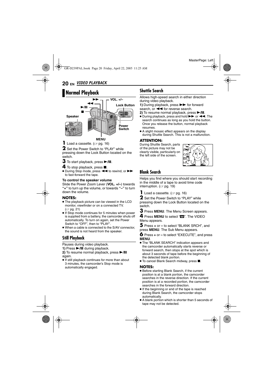 Video playback, Normal playback, Still playback | Shuttle search, Blank search, 20 shuttle search, 20 blank search, Pg. 20) | JVC GR-D239 User Manual | Page 20 / 48