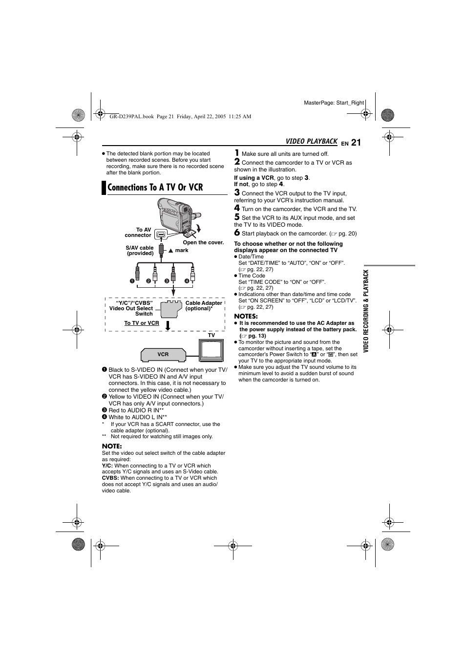 Connections to a tv or vcr, Pg. 21, Pg. 21) | JVC GR-D239 User Manual | Page 21 / 48