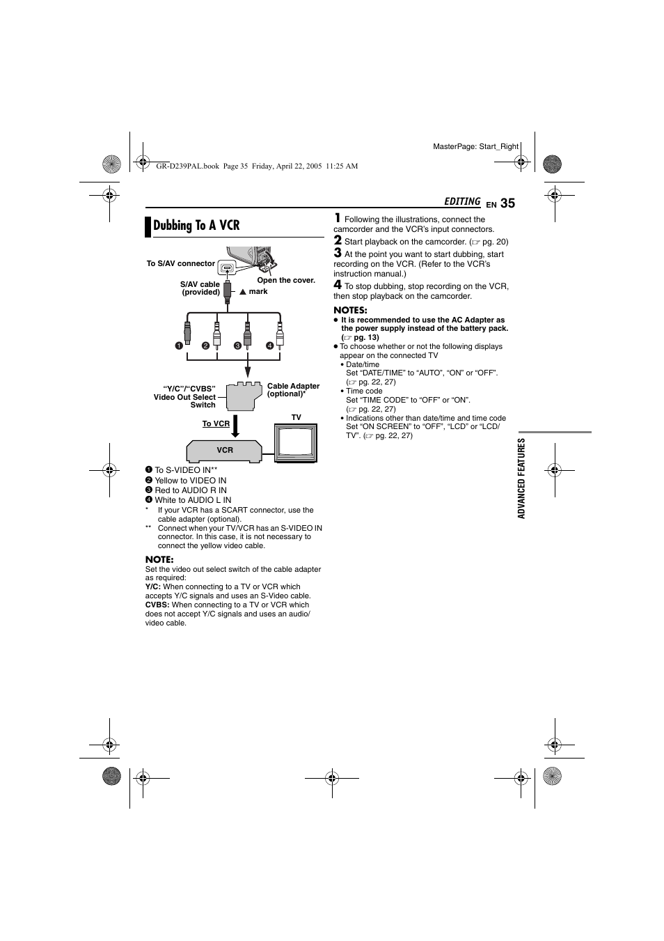 Editing, Dubbing to a vcr, Pg. 35 | JVC GR-D239 User Manual | Page 35 / 48