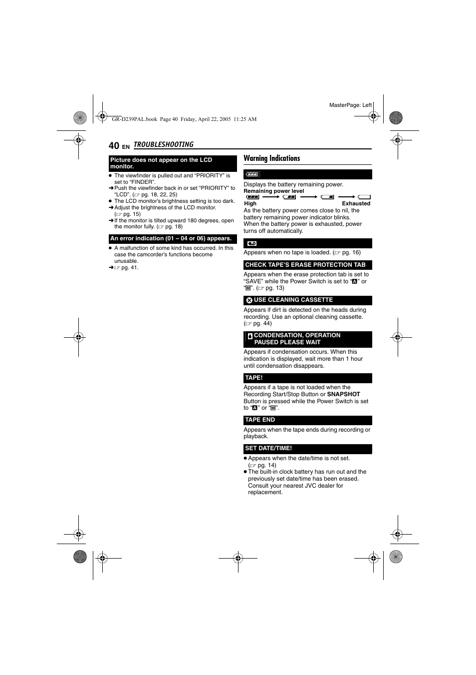 Warning indications, Pg. 40) | JVC GR-D239 User Manual | Page 40 / 48