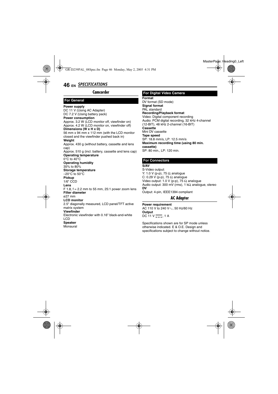 Specifications, Camcorder, Ac adapter | JVC GR-D239 User Manual | Page 46 / 48