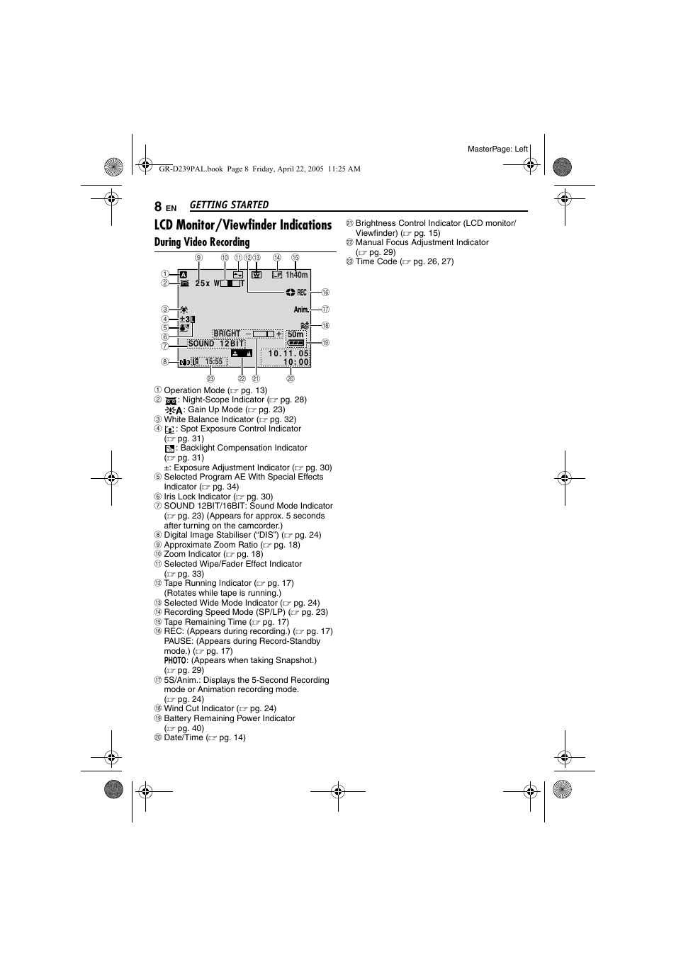 Lcd monitor/viewfinder indications, During video recording | JVC GR-D239 User Manual | Page 8 / 48
