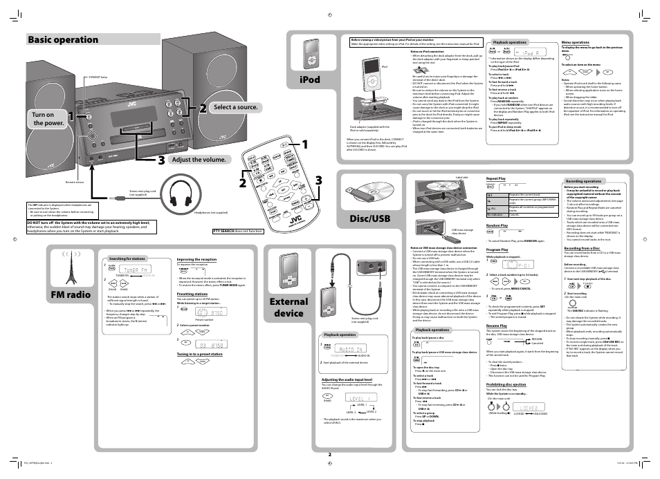 Basic operation, Fm radio, Searching for stations | Improving the reception, Presetting stations, Tuning in to a preset station, External device, Playback operation, Adjusting the audio input level, Ipod | JVC 0410YOMMDWCDT User Manual | Page 2 / 2
