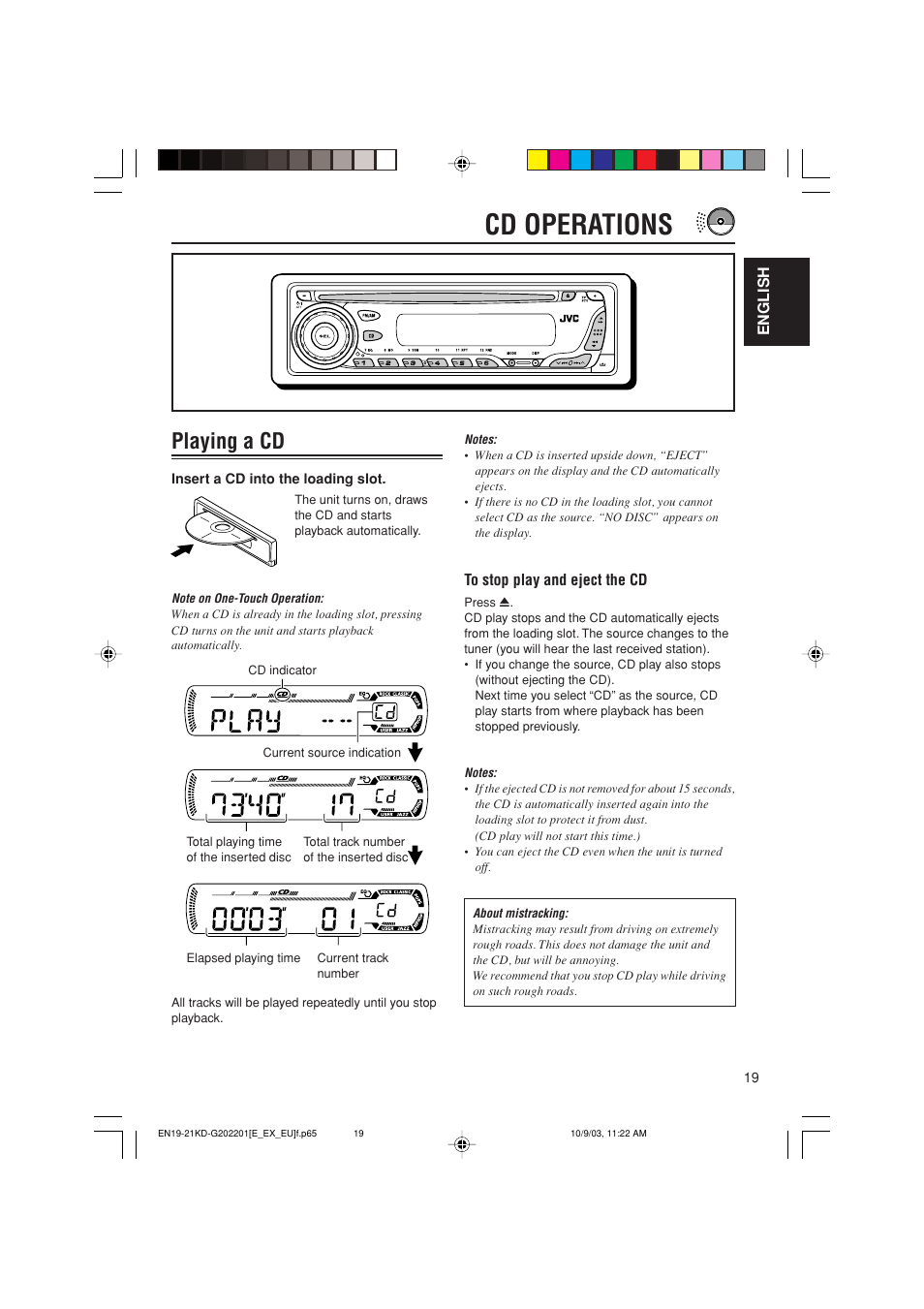 English cd operations, Cd operations, Playing a cd | JVC KD-G202 User Manual | Page 19 / 60