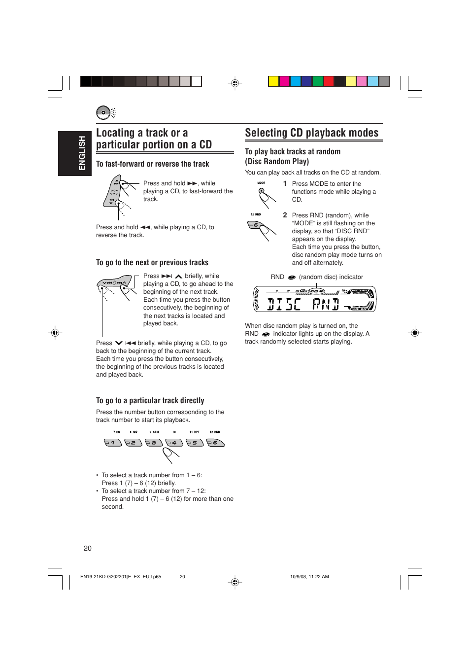 Selecting cd playback modes, Locating a track or a particular portion on a cd | JVC KD-G202 User Manual | Page 20 / 60