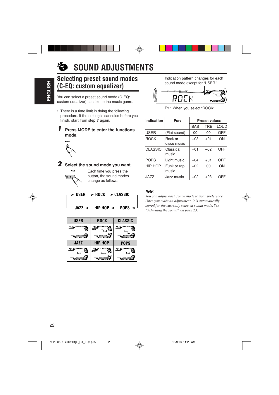 Sound adjustments | JVC KD-G202 User Manual | Page 22 / 60