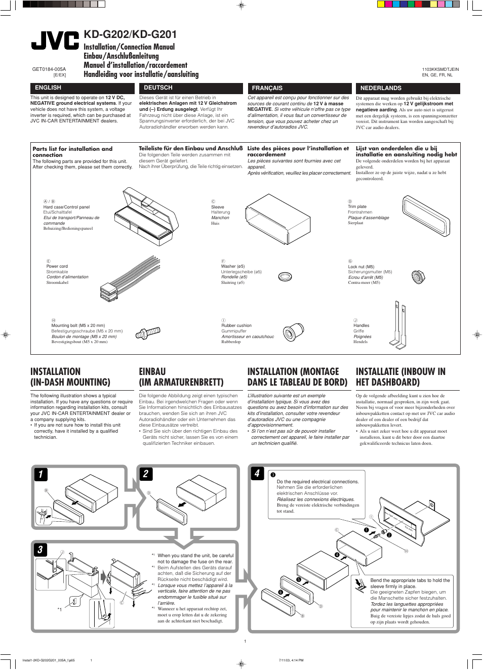 Installation/connection manual, Installation, Installatie (inbouw in het dashboard) | Installation (montage dans le tableau de bord), Einbau (im armaturenbrett), Installation (in-dash mounting) | JVC KD-G202 User Manual | Page 31 / 60