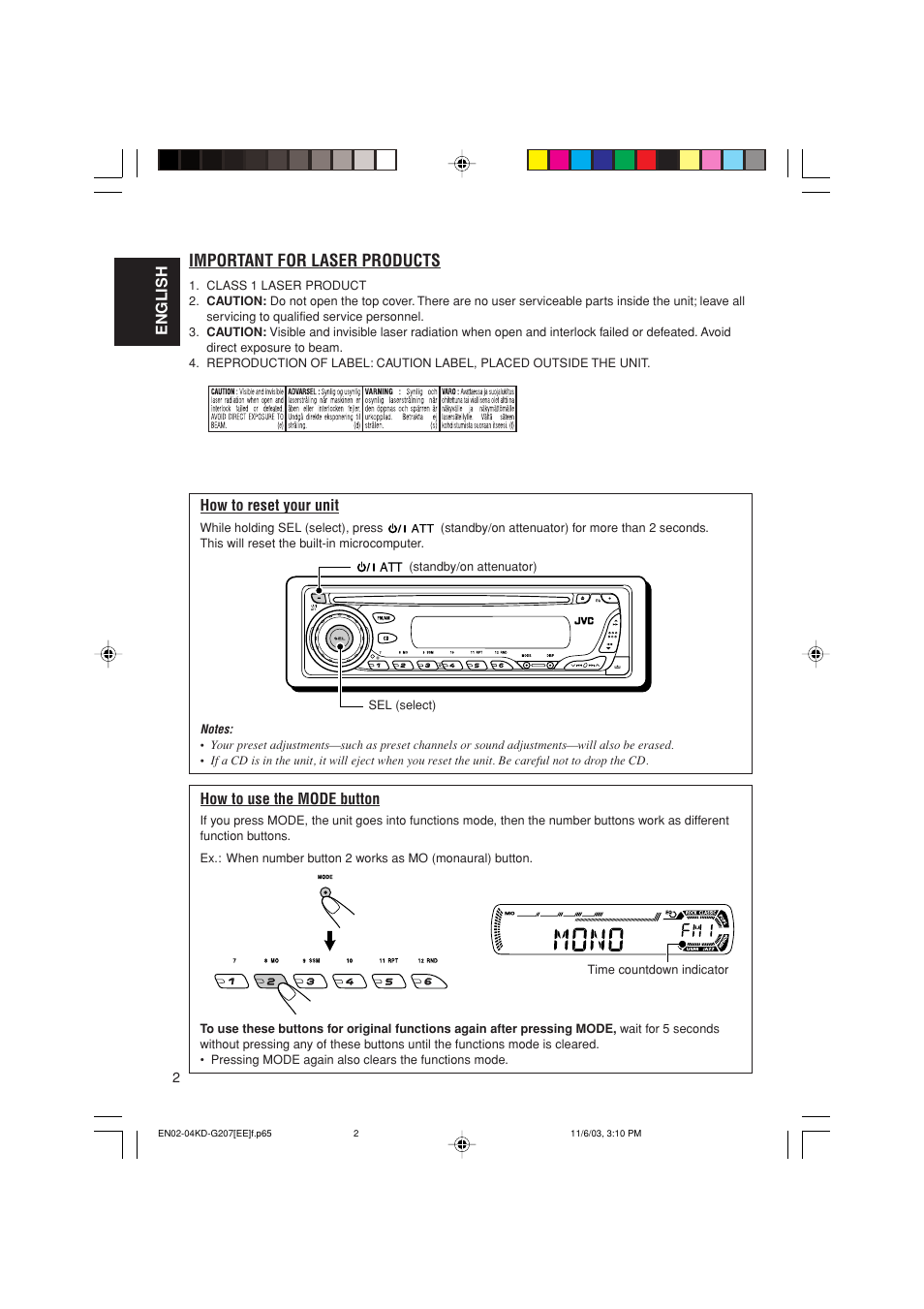 Important for laser products | JVC KD-G202 User Manual | Page 36 / 60