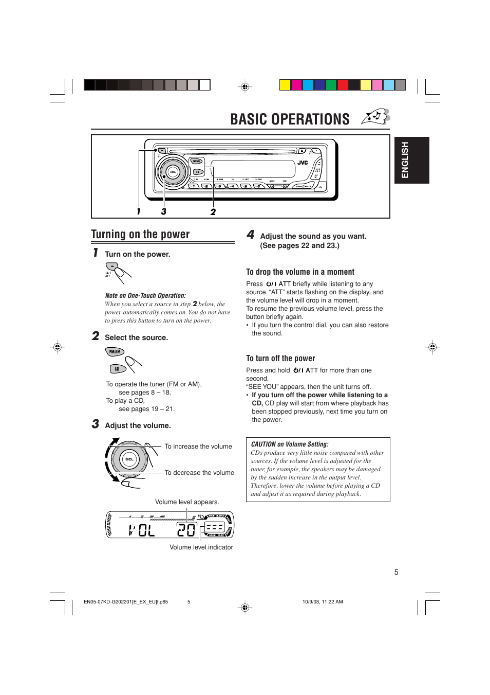 Basic operations, Turning on the power | JVC KD-G202 User Manual | Page 5 / 60